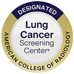 A logo consisting of a ring with text along it that says "Designated" and "American College of Radiology." In the middle of the ring there is text that reads "Lung Cancer Screening Center."