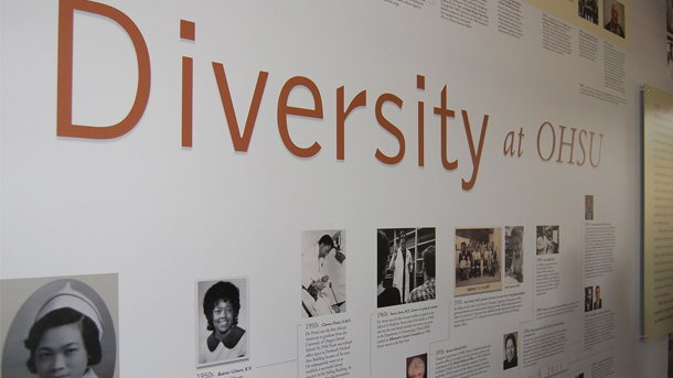 Mural on the wall that says Diversity at OHSU in large lettering.