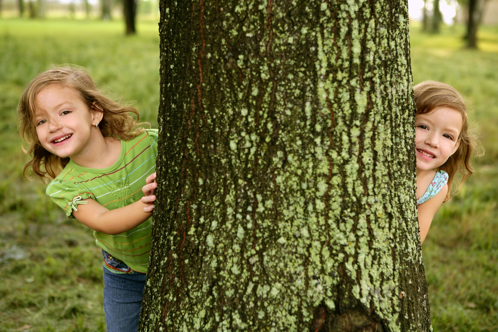 Two twin girls playing hide and seek behind a tree
