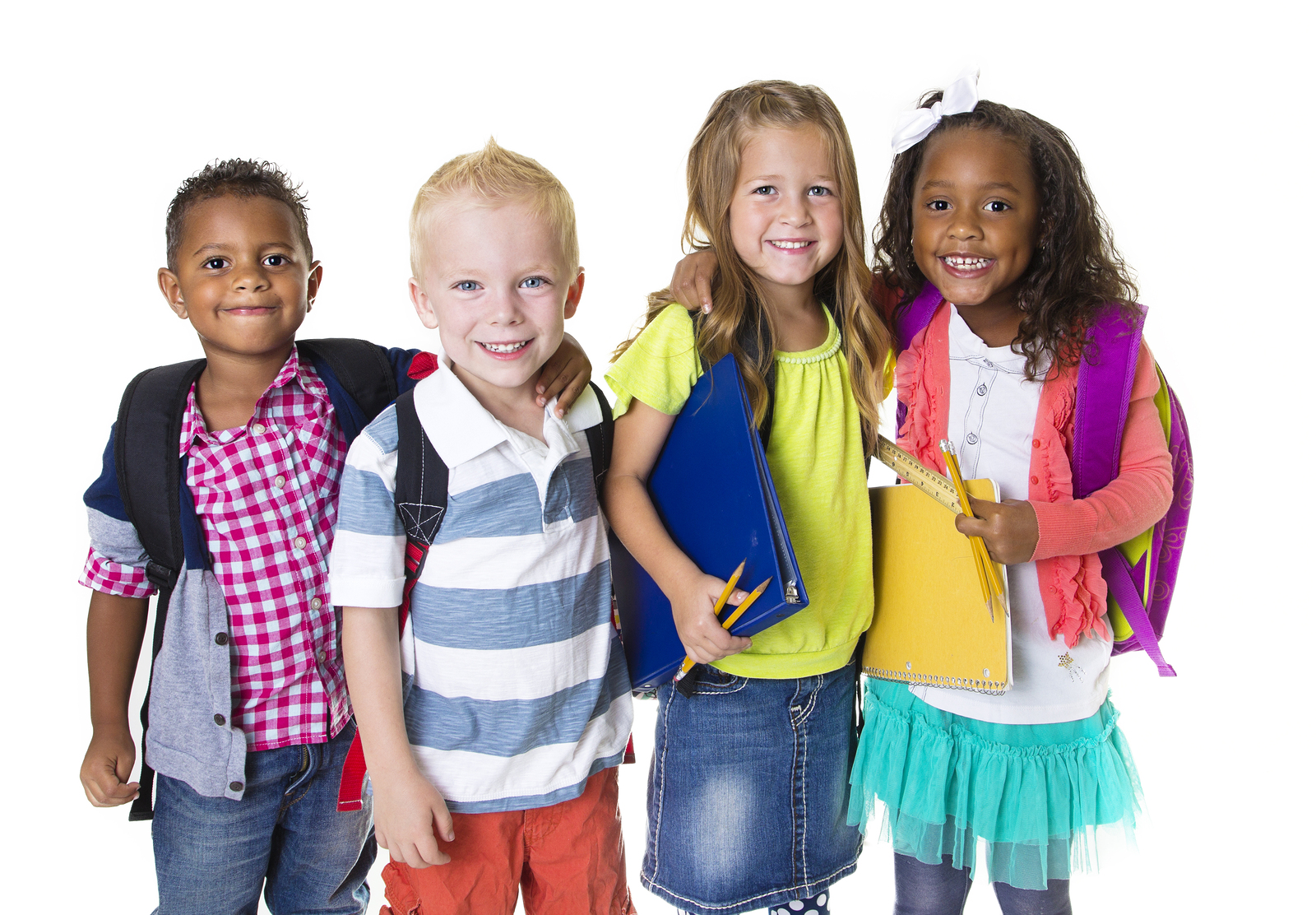 four diverse children with school supplies
