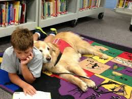 Boy lying on his stomach reading with his dog leaning on him