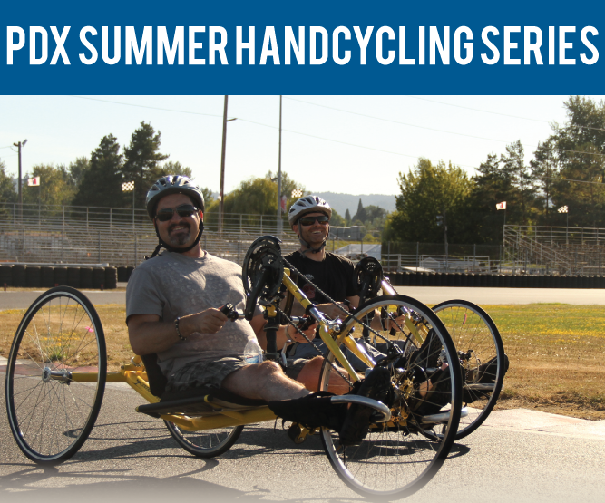 two handcyclists at riding around Portland International Raceway during the PDX Summer Handcycling Series
