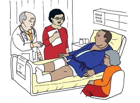 Toolkit illustration of a patient, providers and support staff in a hospital room