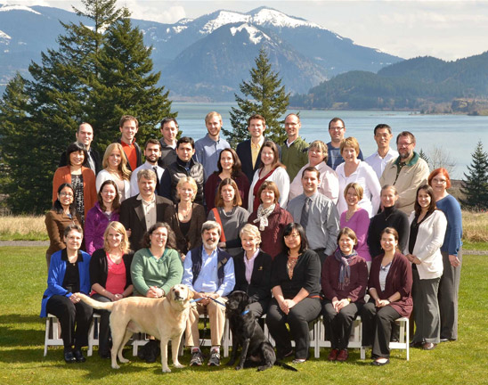 An outdoor, posed photo of 35 members of the Oregon group who participated at a BBBD Annual meeting