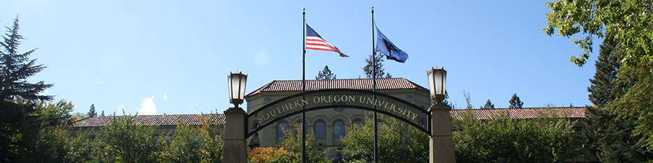 SOU Campus Photo entrance with flags