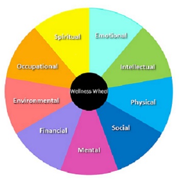 Multi-colored image of a well-functioning wellness wheel that is in balance with wellness as the hub and equal sections representing spiritual, emotional, intellectual, occupational, environmental, physical, financial, mental, and social sections making up the wheel.