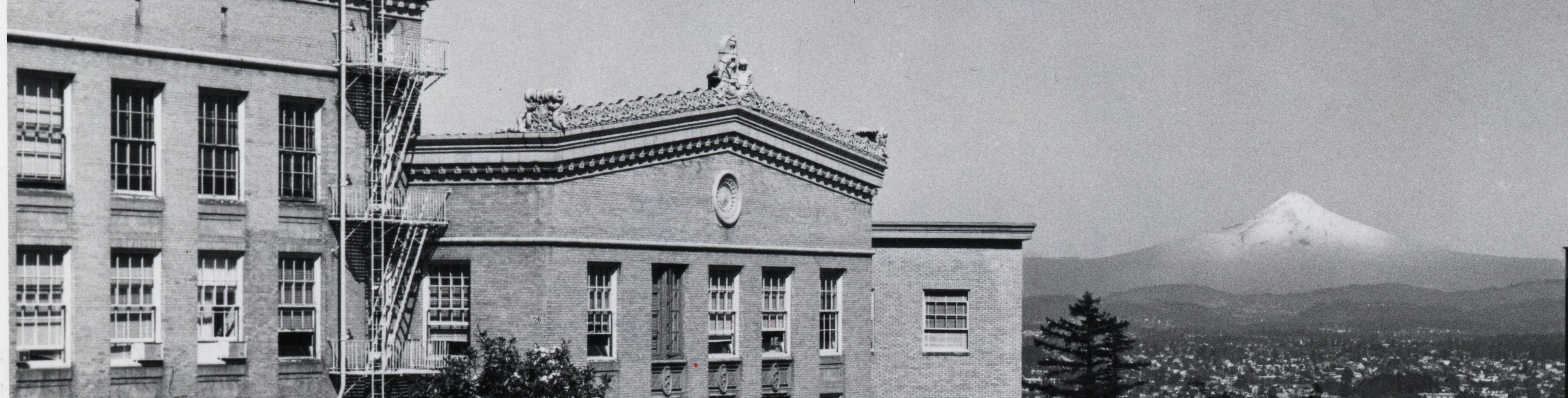 old photo of Mackenzie Hall, Baird Hall and Mt Hood cropped for radiology site