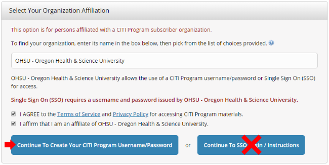 An image showing what boxes to check to affiliate with OHSU.