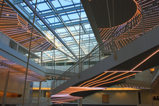 Large atrium of the Robertson Life Sciences Building at Oregon Health and Science University