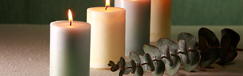 A soothing row of lit candles next to a plant