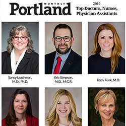 Portrait photos of Drs. Sancy Leachman, Eric Simpson, Tracy Funk and Heather Onoday, F.N.P, Kim Sanders, P.A.-C., and Susan Tofte, F.N.P.