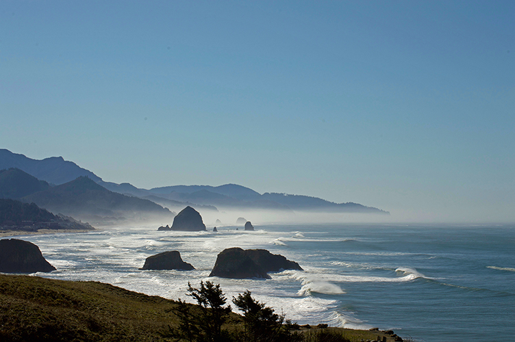 Ecola State Park beach off of the North Coast of Oregon with haystack rocks