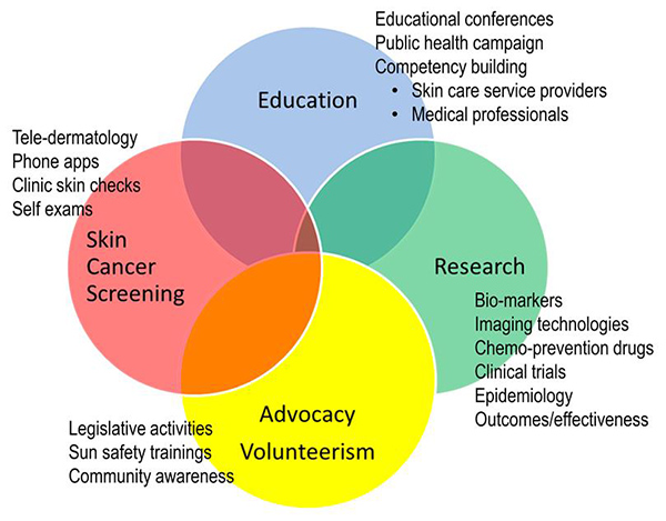 A venn diagram outlining the broad War on Melanoma™ plan of utilizing, education, research, advocacy/volunteerism, and screenings to decrease melanoma mortality in Oregon.