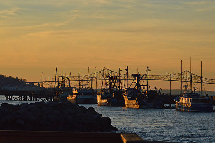 Large bridge with fishing boats in the bay near the North Coast of Oregon