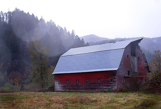 Big red barn in Tillamook Oregon in the fog