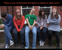 Still frame of a video from The Specials that includes five friends laughing on a bench