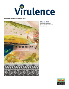 Virulence cover: The picture shows a nematode infected with Salmonella enterica expressing GFP immersed in an image of an Inca warrior seeking the healing powers of waters in “Puente del Inca” (Bridge of the Inca) to fight pests.