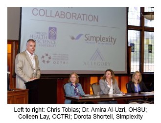 Picture of Chris Tobias; Dr. Amira Al-Uzri, OHSU; Colleen Lay, OCTRI; Dorota Shortell, Simplexity discussing their partnership around developing a technology for remotely collecting & monitoring patient blood samples.