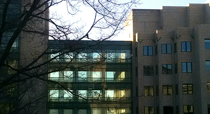 Mark O. Hatfield Research Center, with sun shining through the windows of its bridge