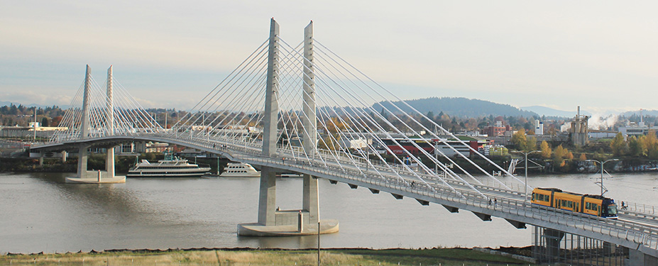 A view of Tilikum Crossing: Bridge of the People from the west end