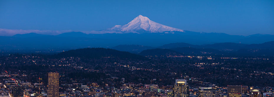 Skyline view of Portland at night with Mt. Hood in the background