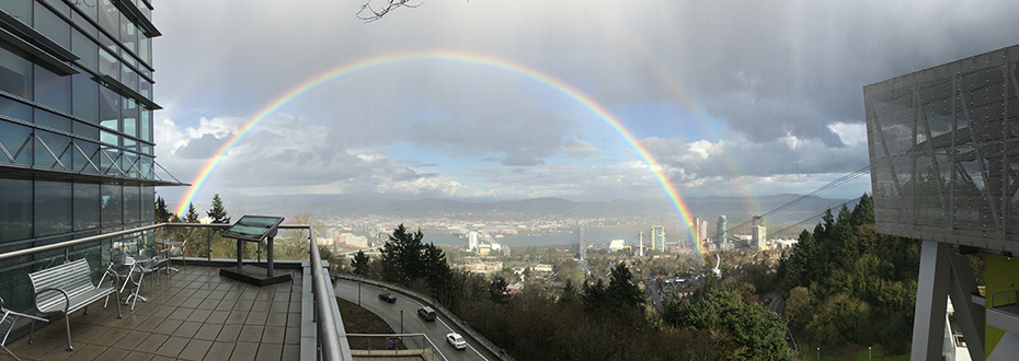 A double raindbow over Portland's South Waterfront, as seen from OHSU's Kohler Pavilion.