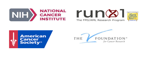 A group of logos that include the National Cancer Institute, the American Cancer Society, the V Foundation and the FPD/AML Research Program.
