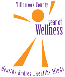 Logo for tillamook county year of wellness campaign.  Orange stick figure of a human with purple letters stating: tillamook county year of wellness. healthy bodies, healthy minds.