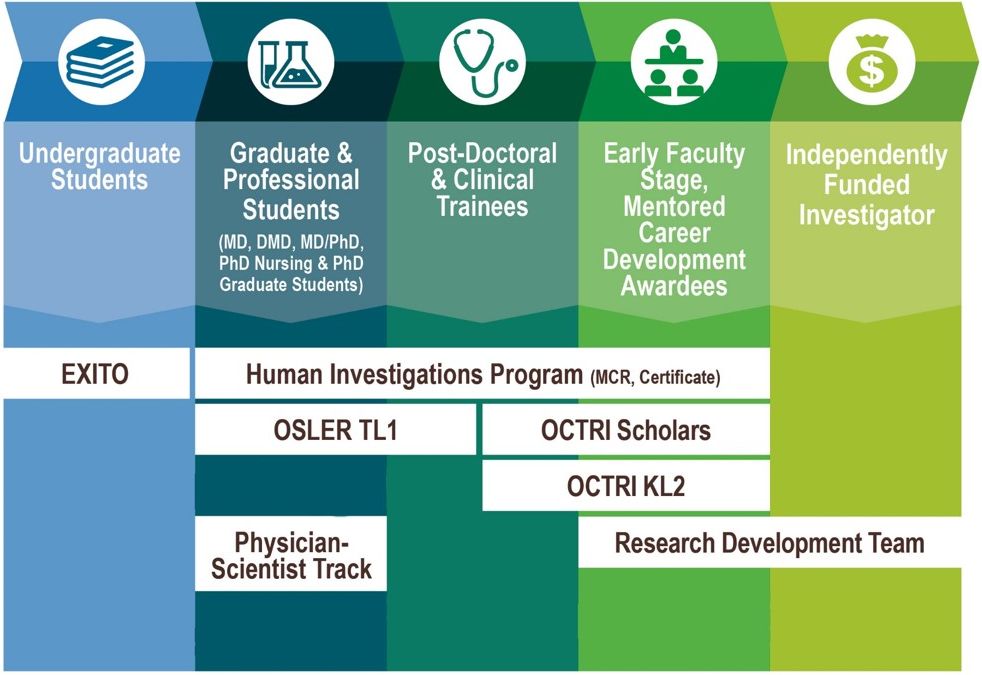 Diagram of OCTRI's training and education opportunities for undergrads, graduate and professional students, post doctoral trainees, early faculty, and independently funded investigator.  All training are covered in the text below on the web page.