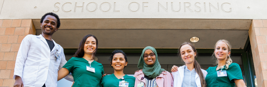 Nursing students in front of the Portland SON building