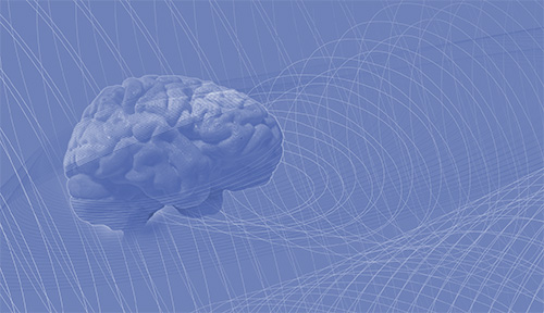 A monochromatic blue image of a brain on an abstract background