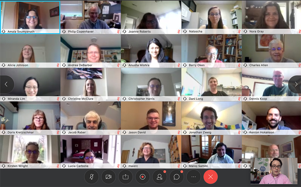 A screen capture from the initial meeting of the BENFRA Center, showing 26 faces