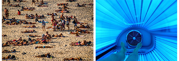An image of people sunbathing next to a photo of someone indoor tanning
