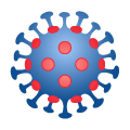 Stylized digital illustration of a blue virus cell with red dots