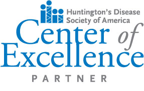 A logo that reads "Huntington's Disease Society of America Center of Excellence Partner."