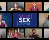 A screen shot of the multiple people's video squares together around a logo for Safer Sex Stories