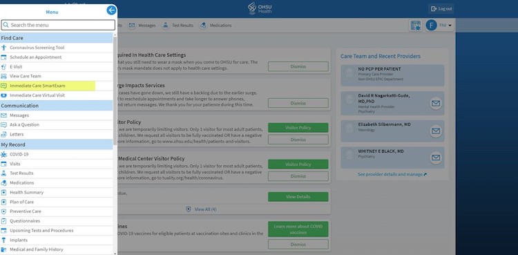 Screenshot showing how to access Immediate Care SmartExam in MyChart