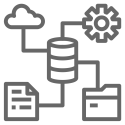Icon of a data server surrounded by a cloud, a gear, a file folder, and a paper.