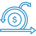 Blue icon of a coin with a dollar sign in the middle surrounded by round arrows.