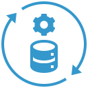 Blue icon of a server stack representing data with a gear above is a circular arrows encompassing it.