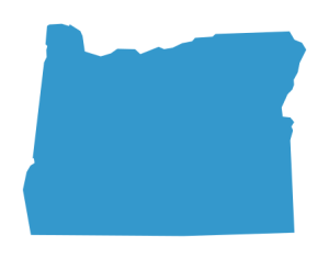Blue silhouette of the shape of the state of Oregon.