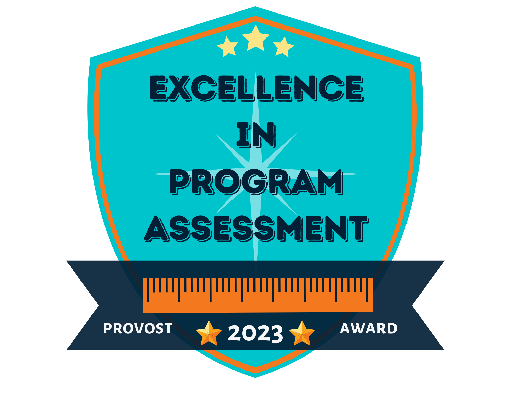 Teal badge with stars that reads: Excellence in Program Assessment Provost Awards 2023 