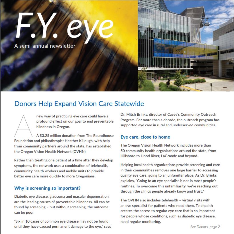 The cover page of the FY Eye Newsletter, with the title in upper left, a photo of Casey Eye Institute in upper right, and article text below.