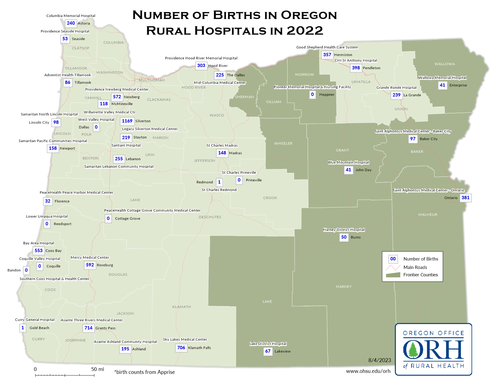 OR Rural Hospital Births Map 