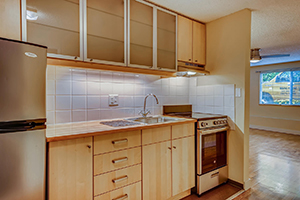 View of the kitchen inside an apartment at Curry Court.
