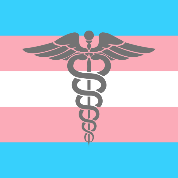 Blue, pink, and white striped trans flag with the snake and wings symbol of the medical establishment overlaid in grey.