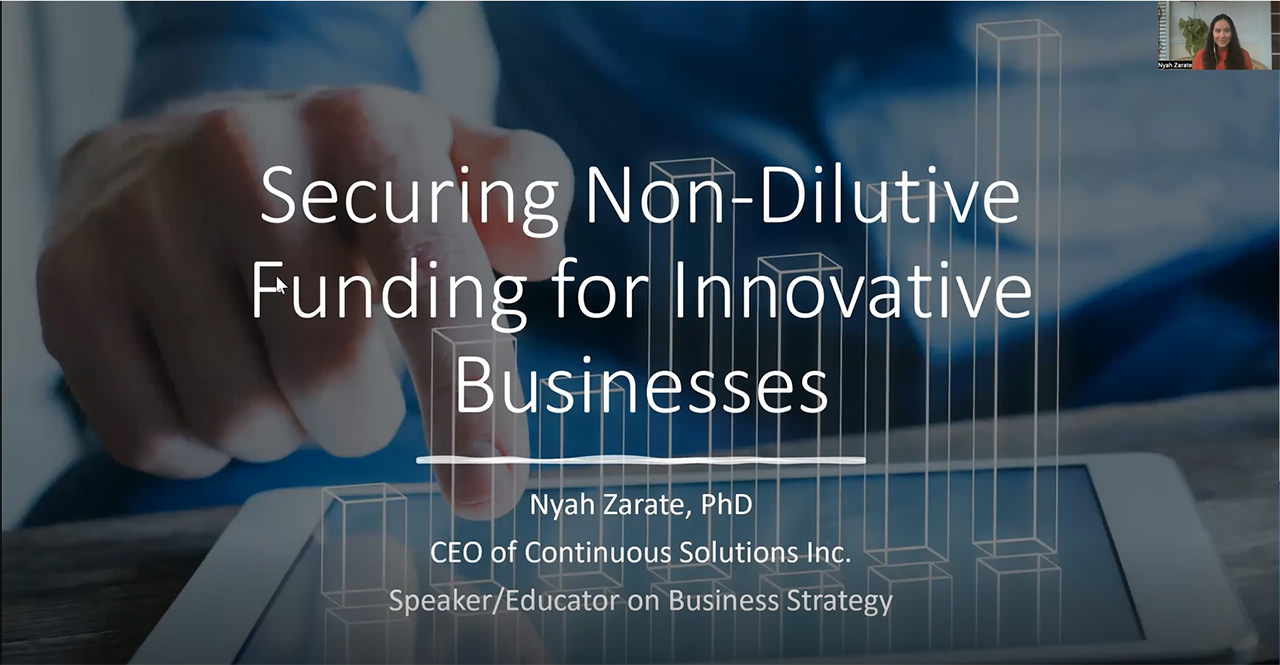 Image of the first slide of a seminar titled Securing Non-Dilutive Funding for Innovate Businesses