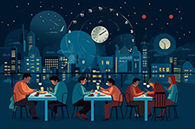 Surreal illustration of people dining outdoors at night with moons and clocks in the sky.