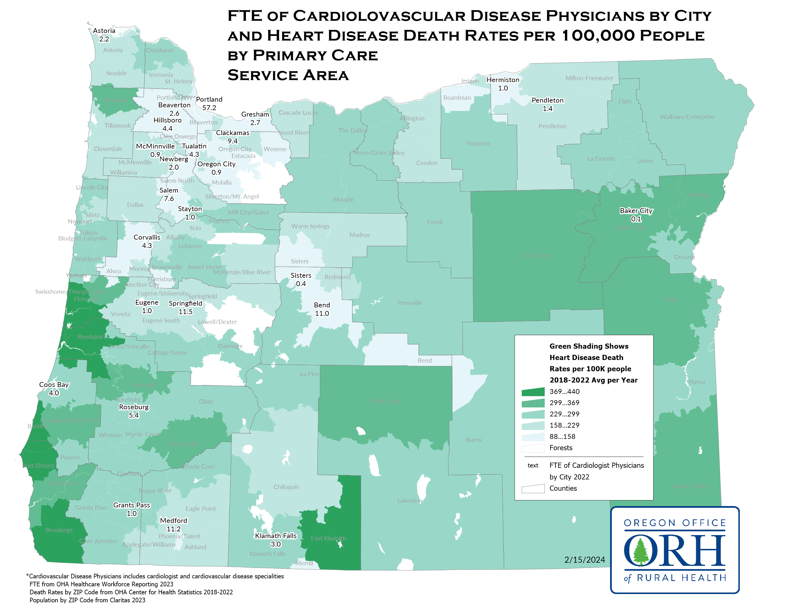 FTE of Cardiovascular Disease Physicians by City and Heart Disease Death Rates per 100,000 by Service Area
