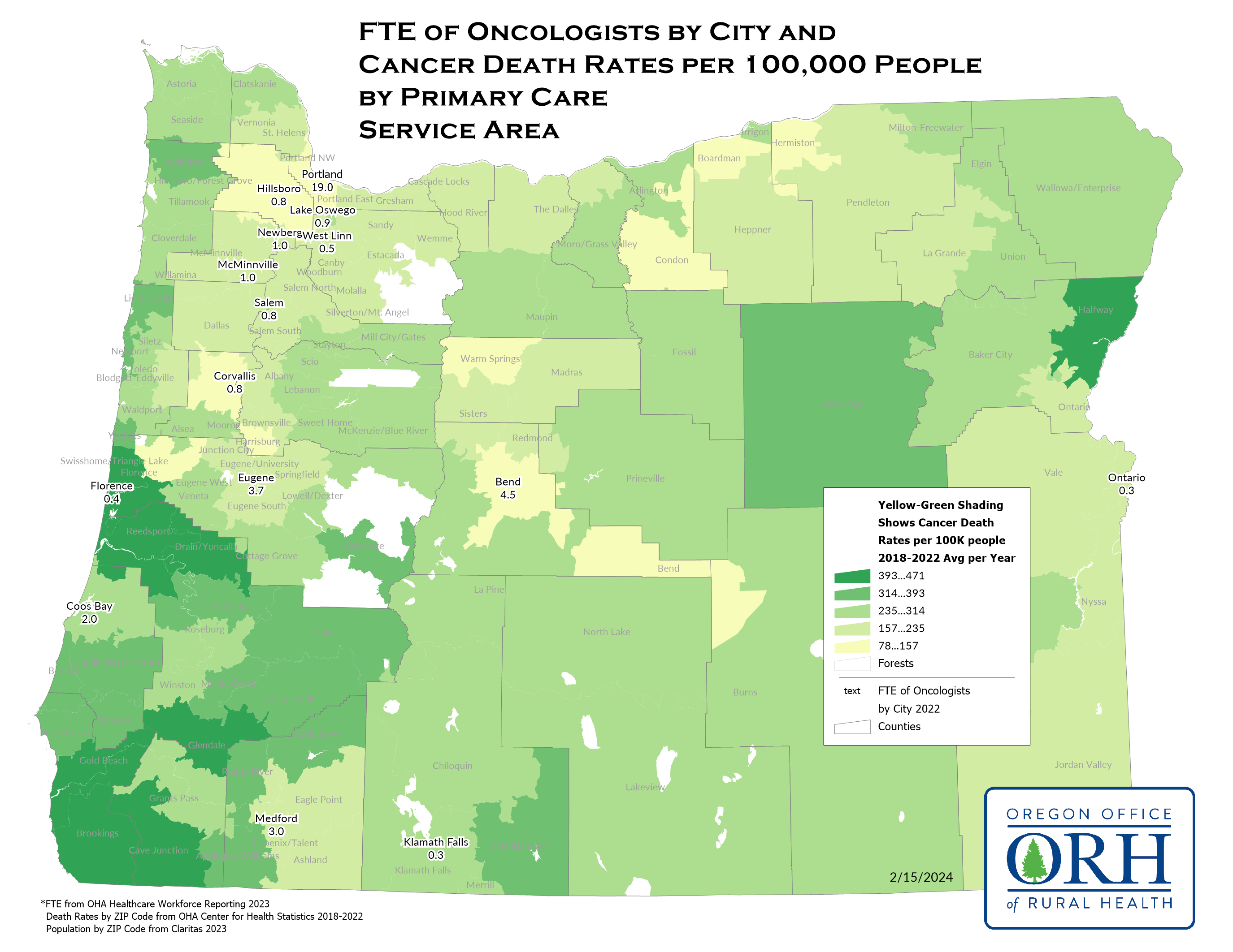 FTE of Oncologists by City and Cancer Death Rates per 100,000 by Service Area